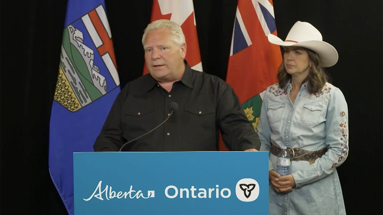 Ontario Premier Doug Ford and Alberta Premier Danielle Smith have signed two MOUs “to support Canadian workers by building new pipelines, rail lines, and other energy and trade infrastructure that will diversify Canada’s trading partners,” the Office of the Premier of Ontario reported July 7. (Screen Grab from a video posted on X by Alberta Premier Danielle Smith)